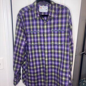 Robert Graham Plaid Long Sleeve Collared Shirt Purple Green 100% Cotton 2XL